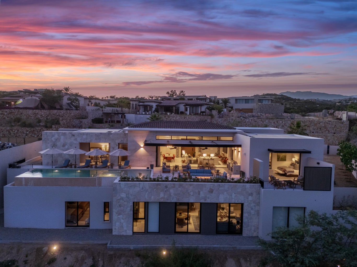 Horizontes luxury home aerial view with pool and surrounding Baja desert