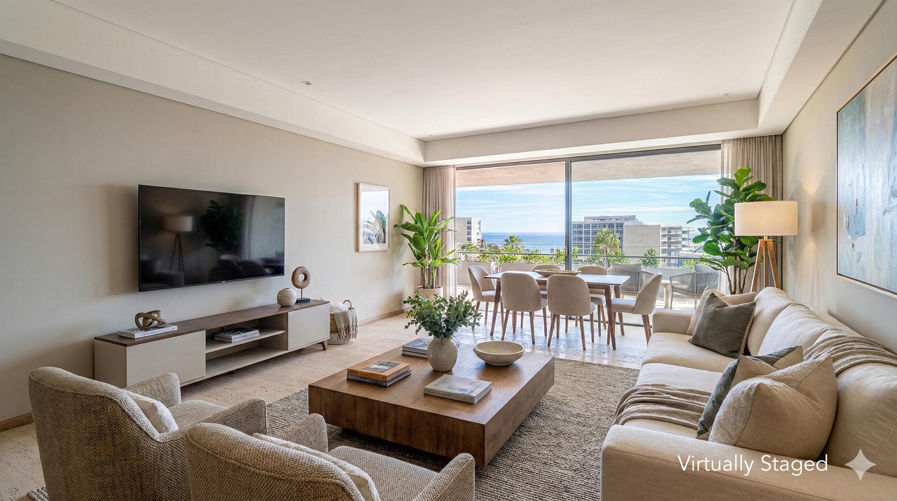 Modern open-concept living room at Punto Nima Condo San José del Cabo (Virtually Staged Inspiration)