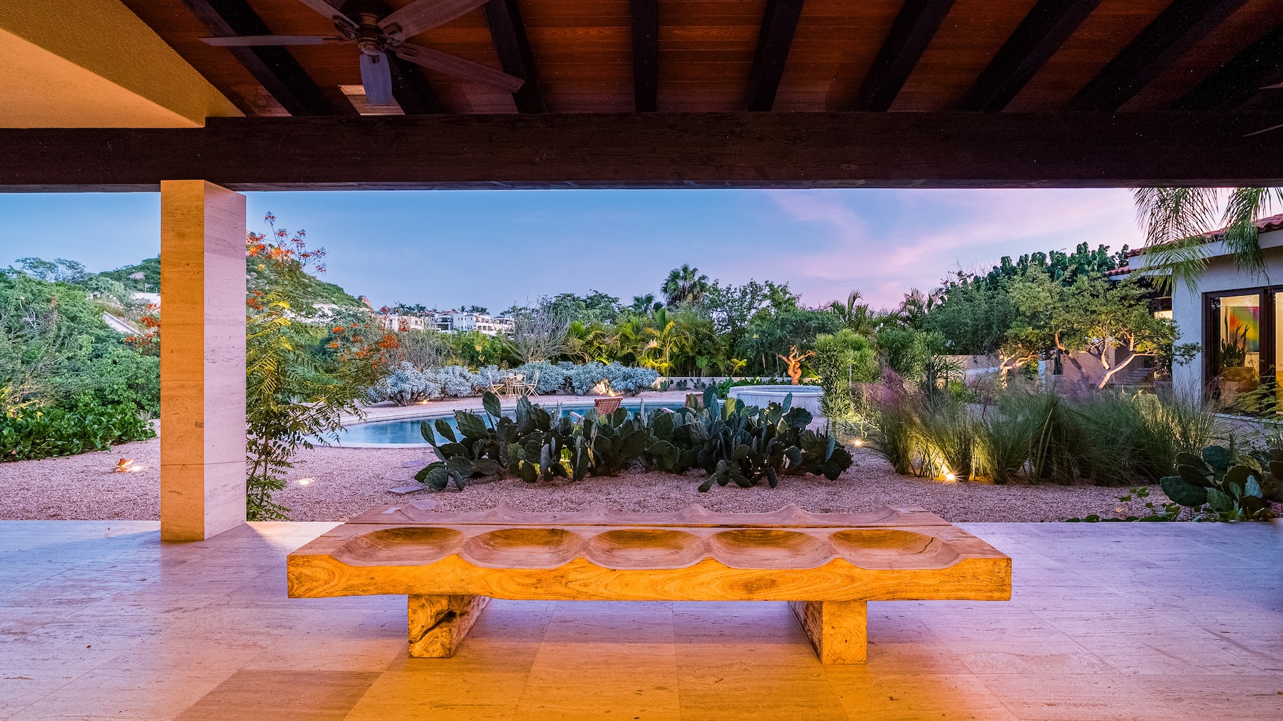 Outdoor terrace and BBQ area at Fundadores 164 overlooking sparkling pool, Puerto Los Cabos