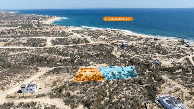 Aerial photo of Shipwrecks surf spot near the available off-grid lots in Rancho Tortuga, Baja