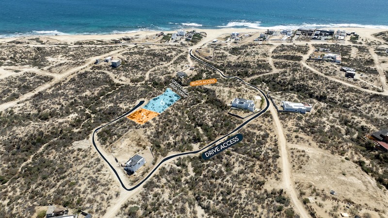 Aerial view showing the easy driving access and short dirt road leading to the ocean view lots for sale in Rancho Tortuga, East Cape